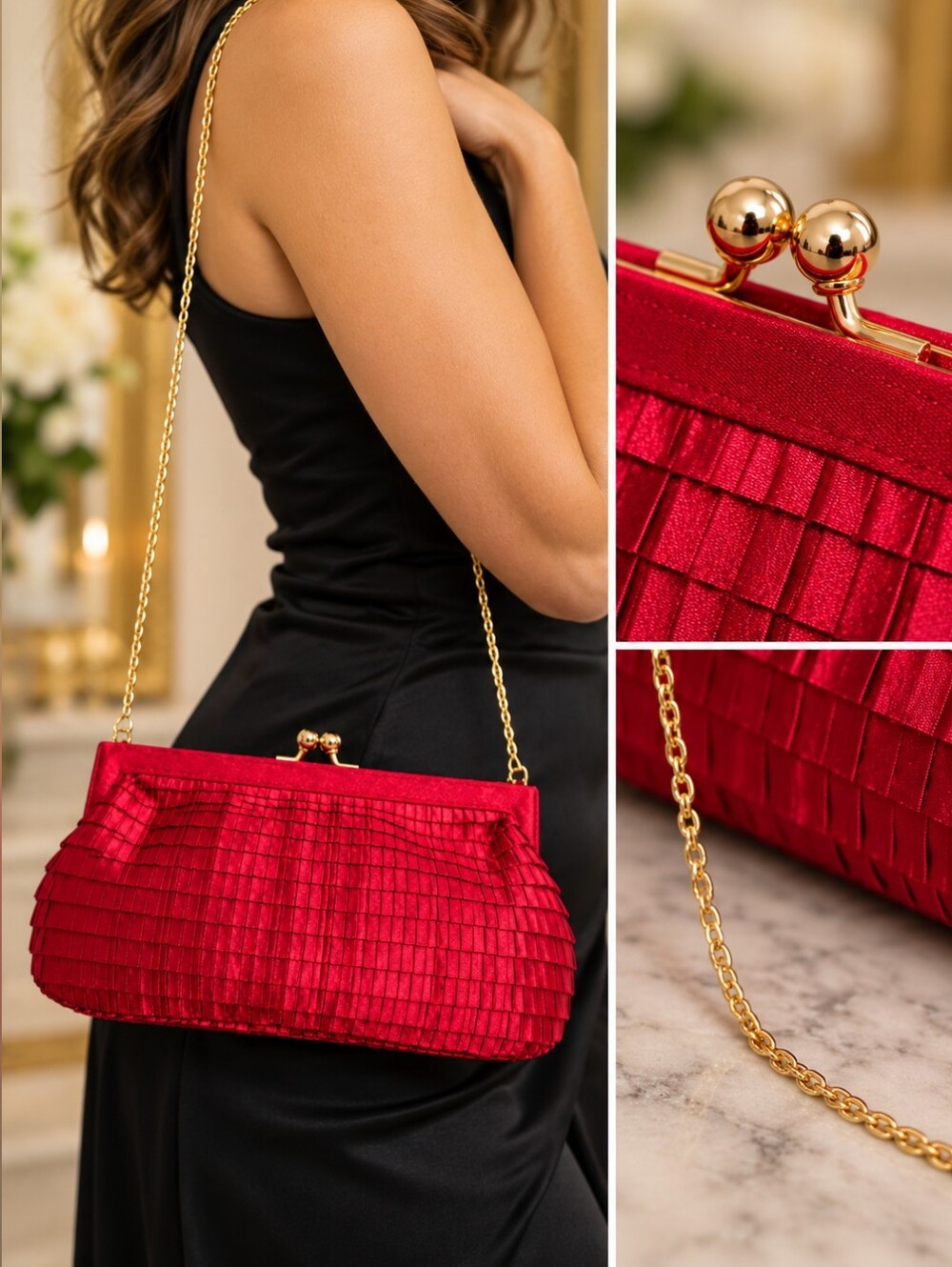 Vintage Jessica McClintock Red Pleated Ruffled Satin Evening Bag Gold Chain